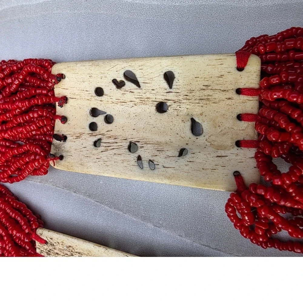 Vintage‎ Red Multi Strand Seed Bead Elephant Carved Statement Necklace Boho